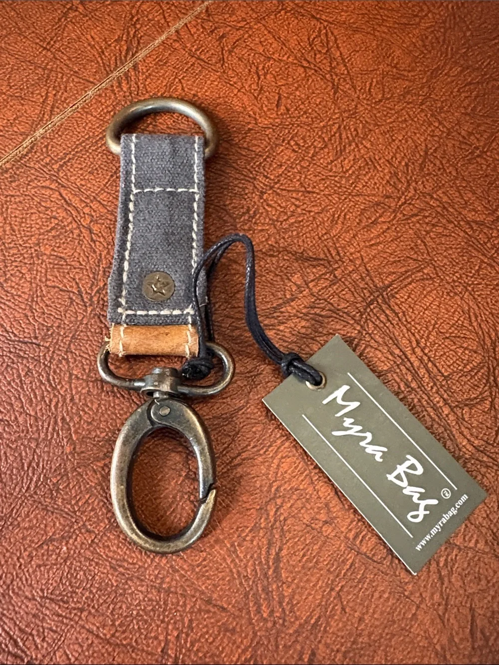 Myra Bag Brown and Gray Leather & Canvas Key Clip